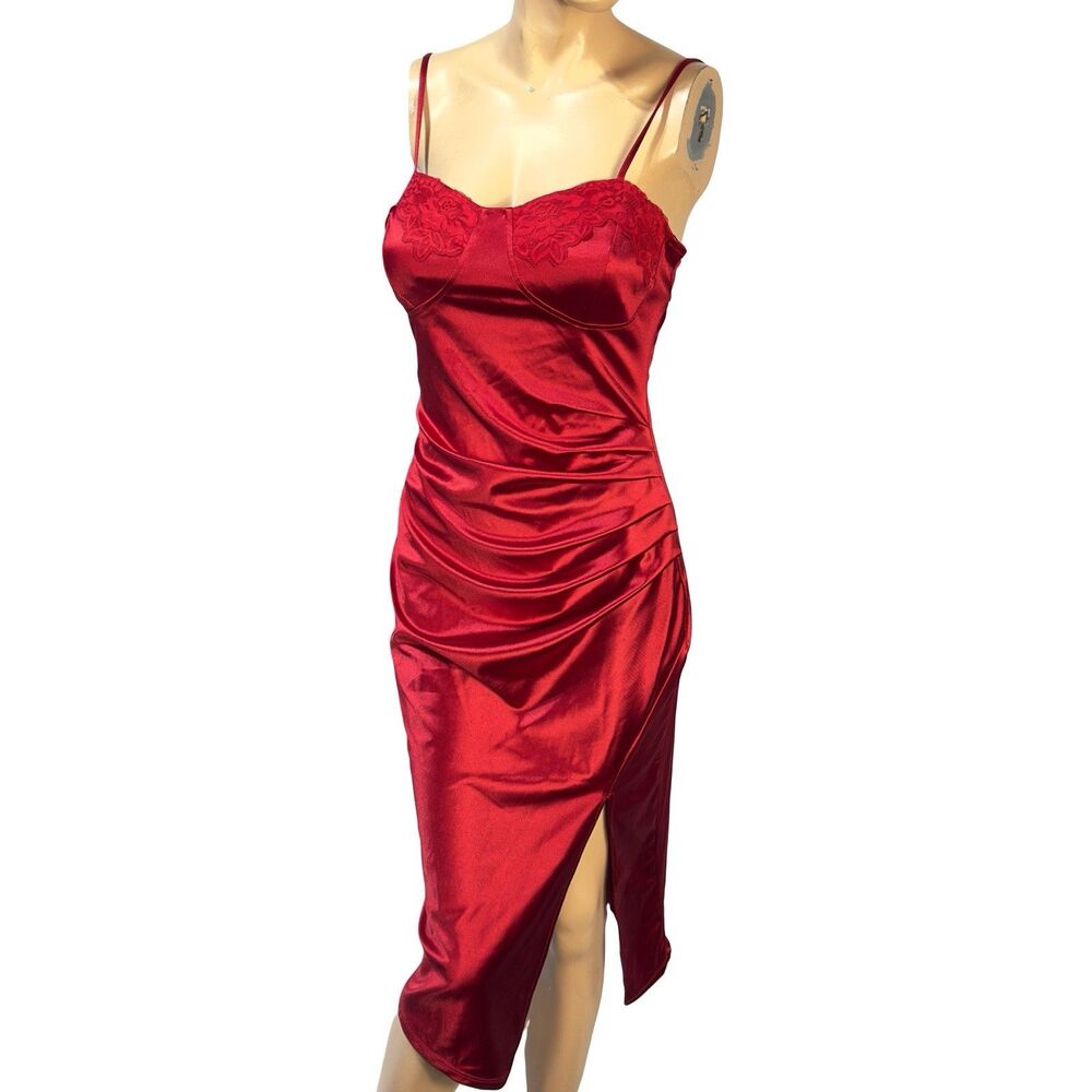 Arden B Red Satin Evening Midi Dress Lace Cups Ruched Side Size L Large NWT